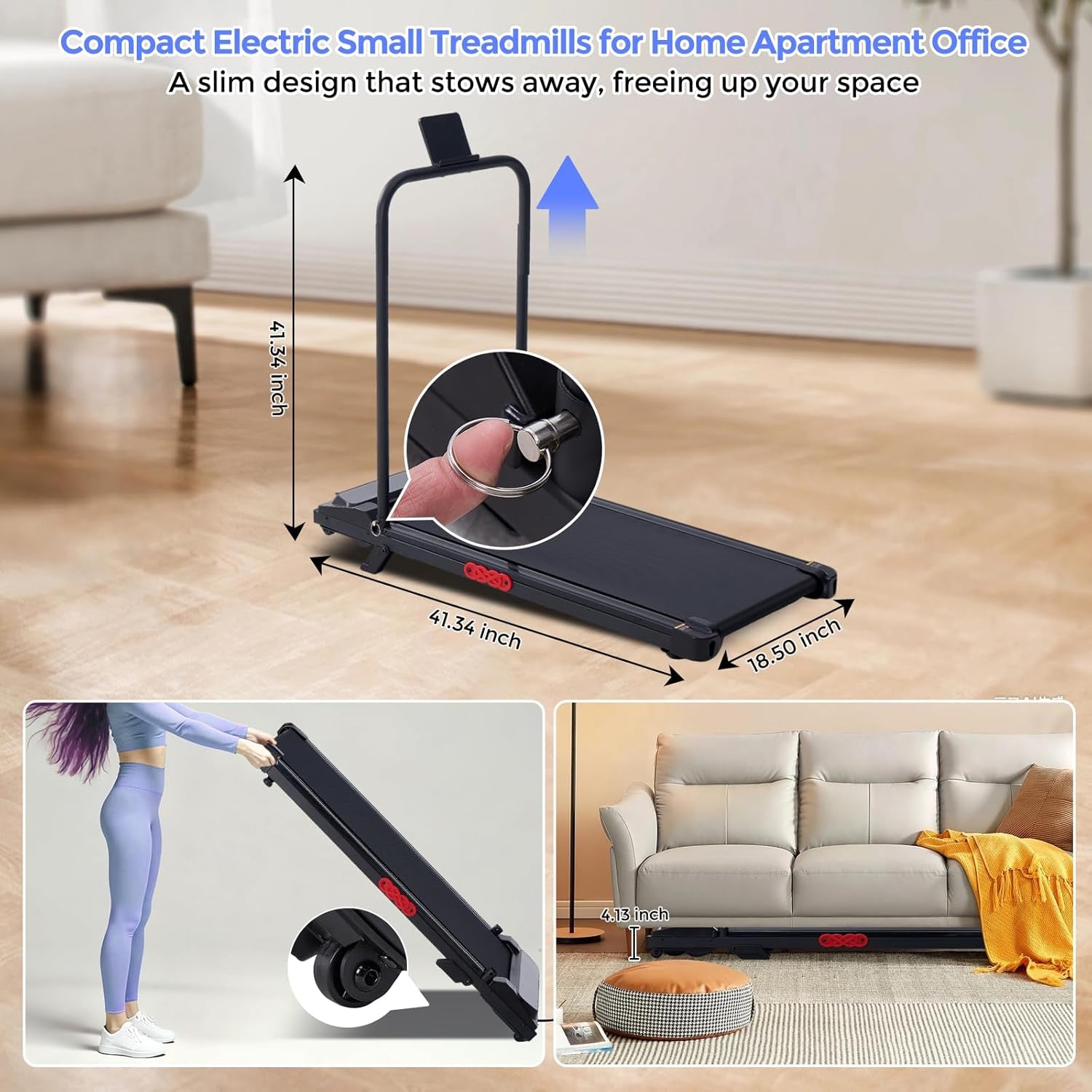 Electric Treadmills for Home with Incline, Walking Pad Treadmill with Handle Bar, 0.6-7.6MPH Portable Small Treadmills with Handles for Home Small Spaces, 3.0HP Walking Pad with Incline and 350LBS